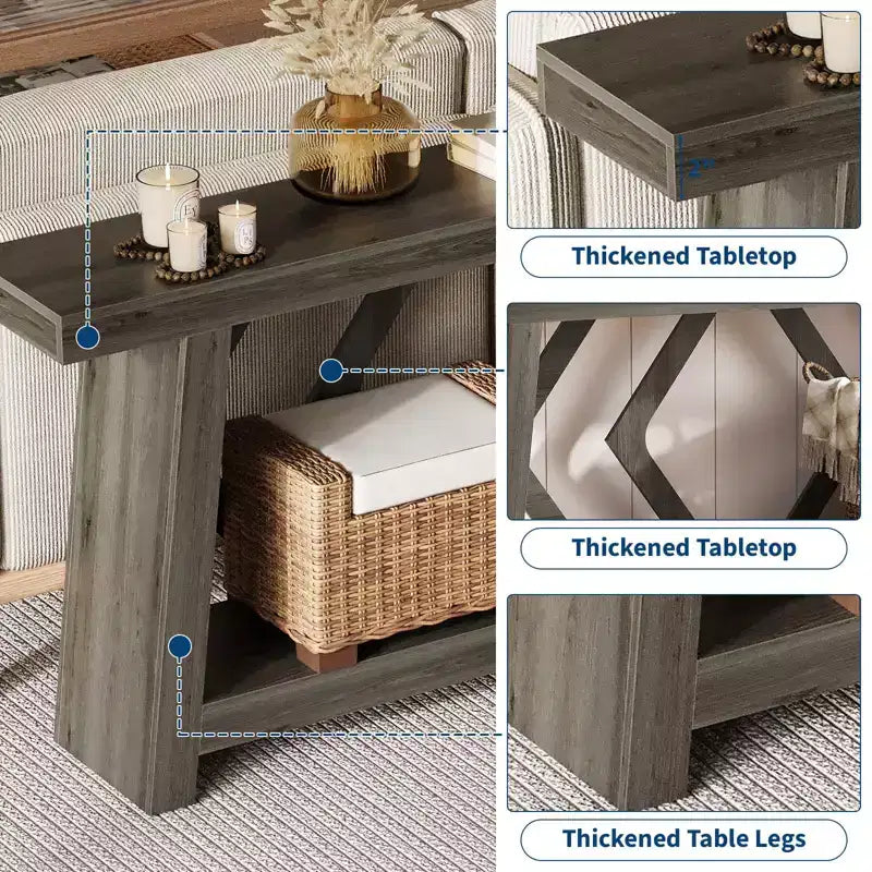 Console de 180 cm avec 2 étagères, Table d'entrée étroite, Table de canapé de style rustique pour couloir ou salon