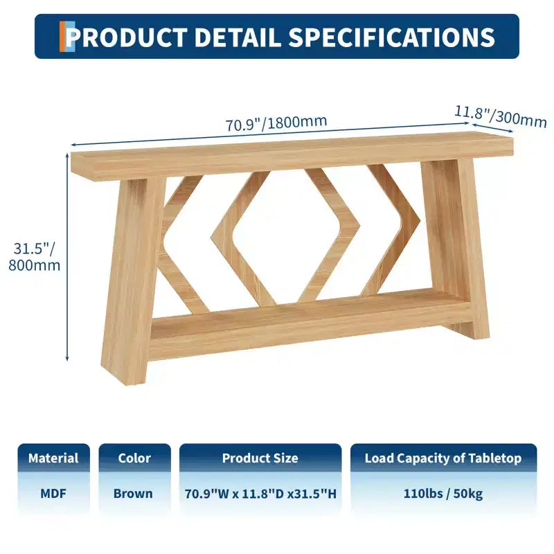 Console de 180 cm avec 2 étagères, Table d'entrée étroite, Table de canapé de style rustique pour couloir ou salon