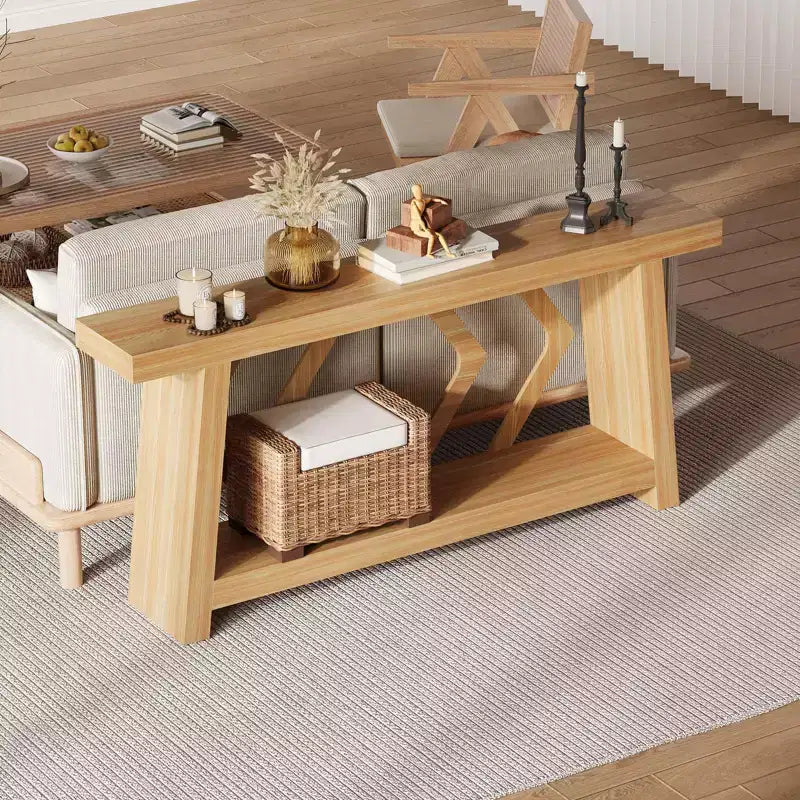Console de 180 cm avec 2 étagères, Table d'entrée étroite, Table de canapé de style rustique pour couloir ou salon