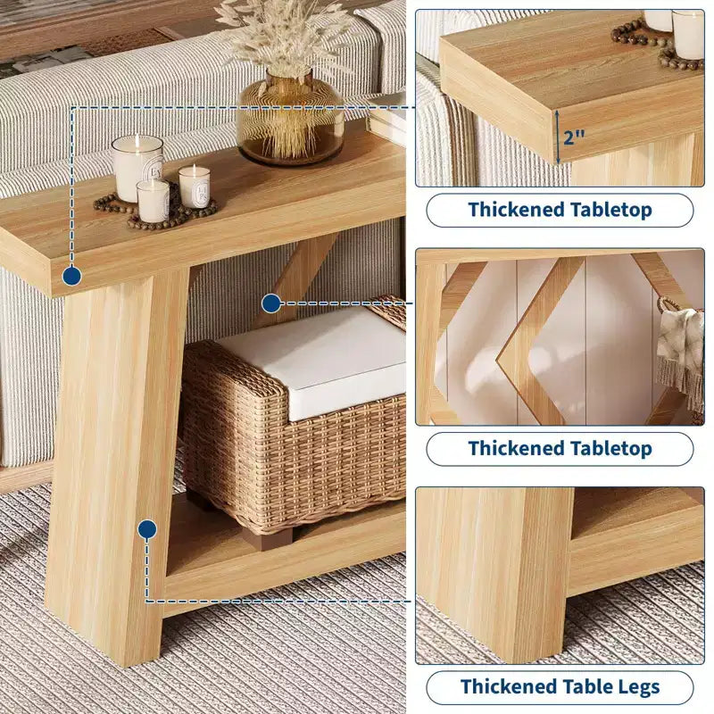 Console de 180 cm avec 2 étagères, Table d'entrée étroite, Table de canapé de style rustique pour couloir ou salon
