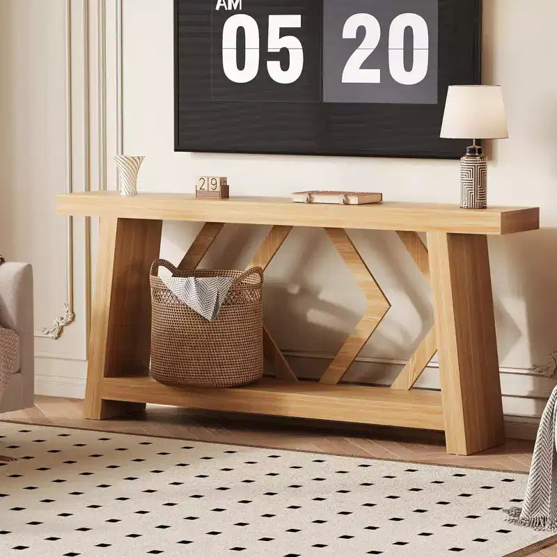 Console de 180 cm avec 2 étagères, Table d'entrée étroite, Table de canapé de style rustique pour couloir ou salon