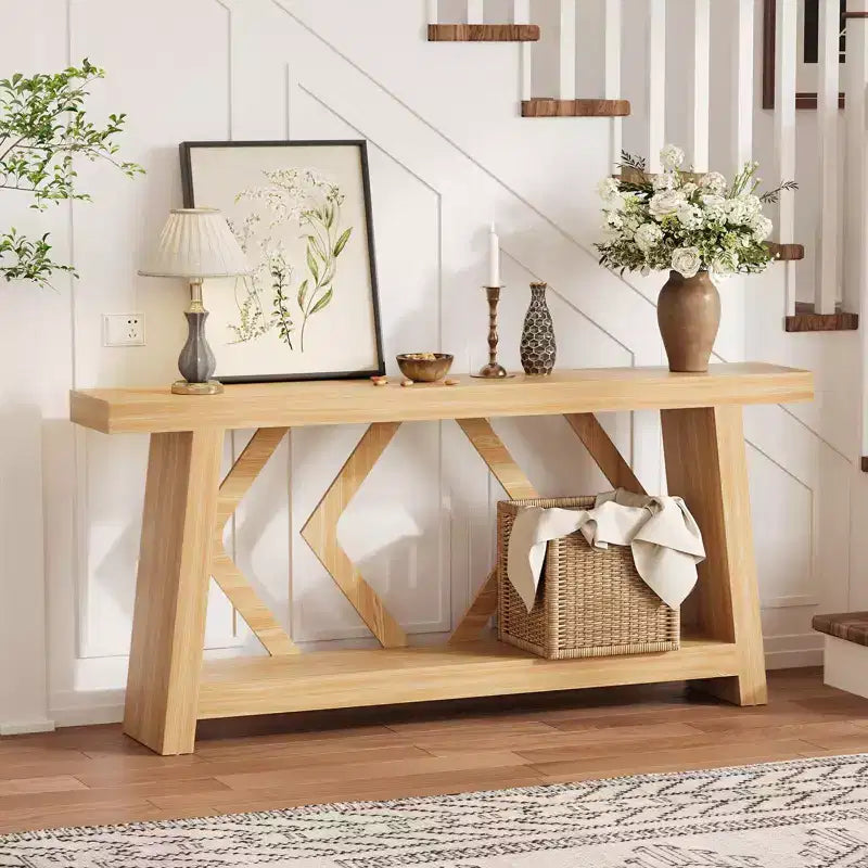 Console de 180 cm avec 2 étagères, Table d'entrée étroite, Table de canapé de style rustique pour couloir ou salon
