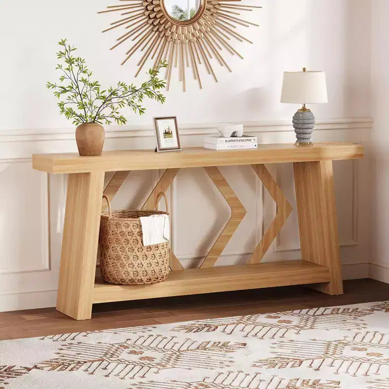 Console de 180 cm avec 2 étagères, Table d'entrée étroite, Table de canapé de style rustique pour couloir ou salon