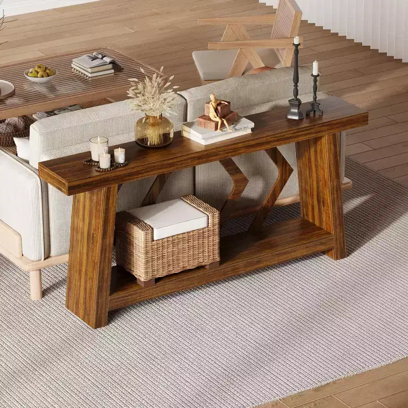 Console de 180 cm avec 2 étagères, Table d'entrée étroite, Table de canapé de style rustique pour couloir ou salon