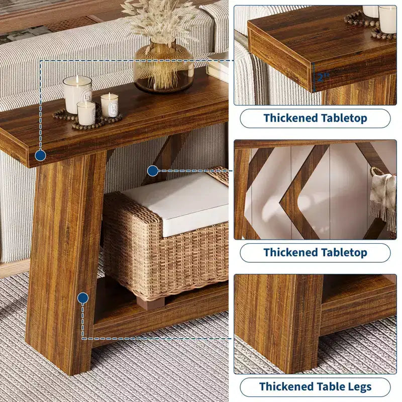 Console de 180 cm avec 2 étagères, Table d'entrée étroite, Table de canapé de style rustique pour couloir ou salon