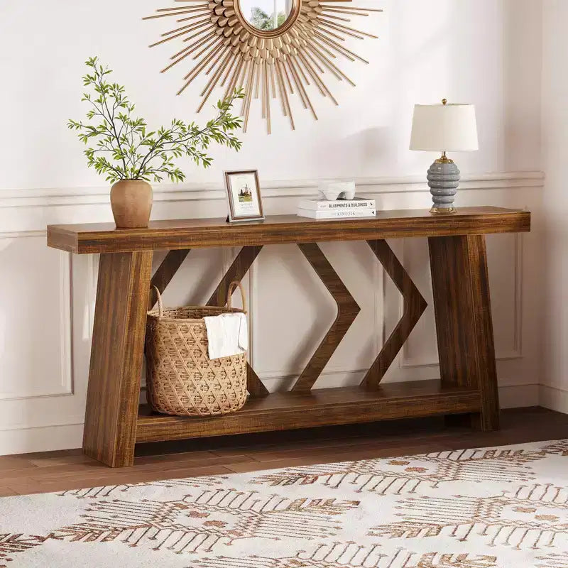 Console de 180 cm avec 2 étagères, Table d'entrée étroite, Table de canapé de style rustique pour couloir ou salon