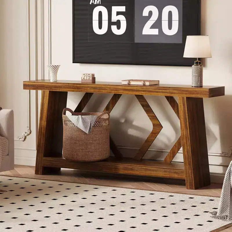Console de 180 cm avec 2 étagères, Table d'entrée étroite, Table de canapé de style rustique pour couloir ou salon