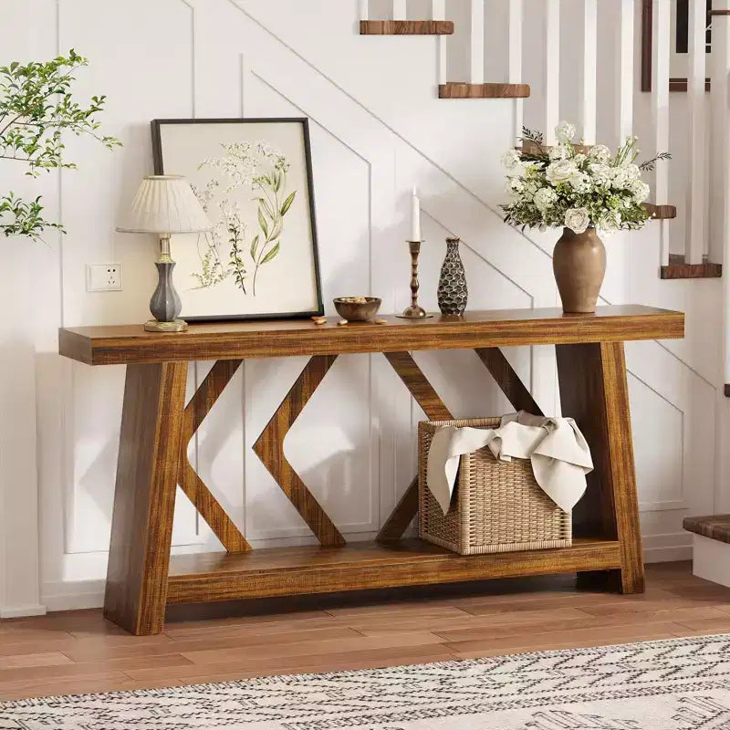 Console de 180 cm avec 2 étagères, Table d'entrée étroite, Table de canapé de style rustique pour couloir ou salon