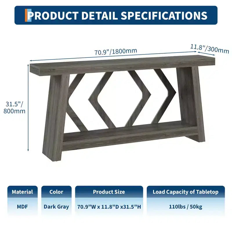 Console de 180 cm avec 2 étagères, Table d'entrée étroite, Table de canapé de style rustique pour couloir ou salon