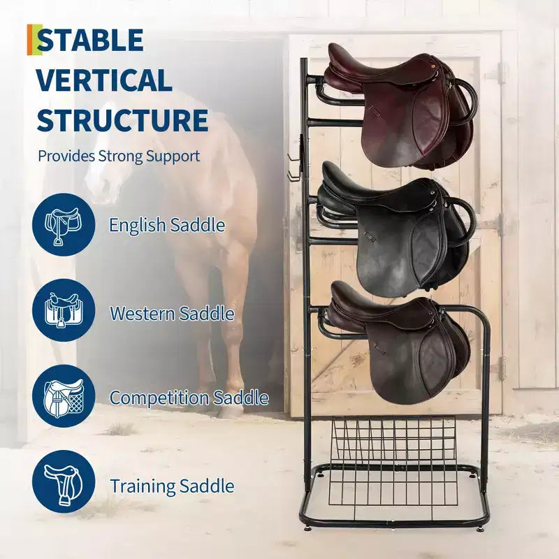 Présentoir porte-selles à 3 niveaux pivotant et amovible, organisateur de matériel d'équitation robuste, porte-couvertures de selle anglaise et western autoportant noir