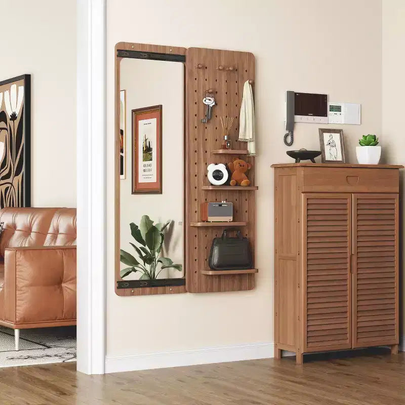 Miroir mural moderne pleine longueur avec étagère et crochets, miroir corporel multifonctionnel pour chambre, salon ou entrée