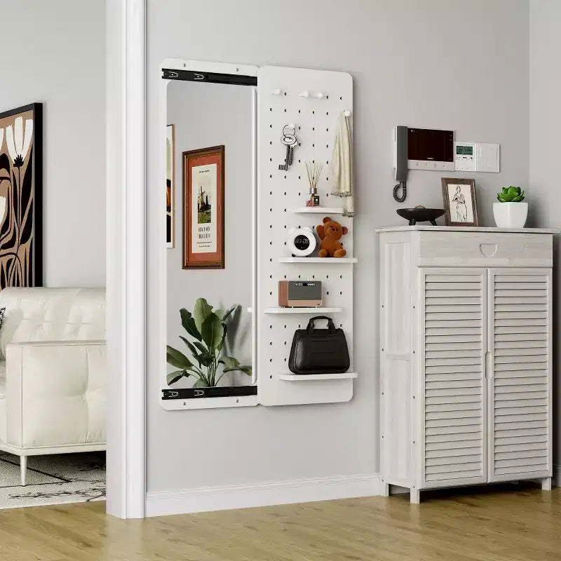 Miroir mural moderne pleine longueur avec étagère et crochets, miroir corporel multifonctionnel pour chambre, salon ou entrée