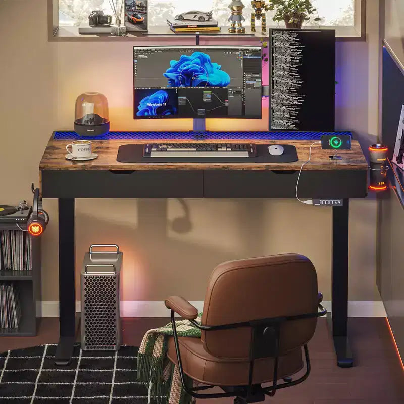 Bureau debout électrique de 47 pouces avec 2 tiroirs et lumière LED pour bureau à domicile, bureau d'ordinateur réglable en hauteur, table de jeu avec chargement USB