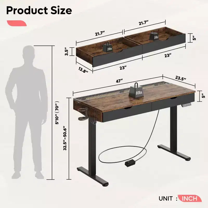Bureau debout électrique de 47 pouces avec 2 tiroirs et lumière LED pour bureau à domicile, bureau d'ordinateur réglable en hauteur, table de jeu avec chargement USB