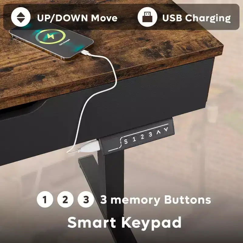 Bureau debout électrique de 47 pouces avec 2 tiroirs et lumière LED pour bureau à domicile, bureau d'ordinateur réglable en hauteur, table de jeu avec chargement USB