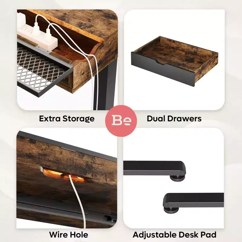 Bureau debout électrique de 47 pouces avec 2 tiroirs et lumière LED pour bureau à domicile, bureau d'ordinateur réglable en hauteur, table de jeu avec chargement USB