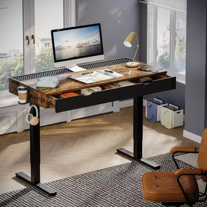 Bureau debout électrique de 47 pouces avec 2 tiroirs et lumière LED pour bureau à domicile, bureau d'ordinateur réglable en hauteur, table de jeu avec chargement USB
