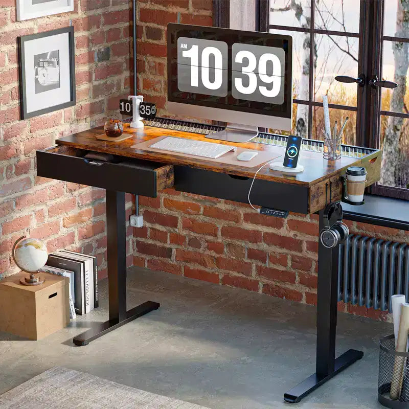 Bureau debout électrique de 47 pouces avec 2 tiroirs et lumière LED pour bureau à domicile, bureau d'ordinateur réglable en hauteur, table de jeu avec chargement USB