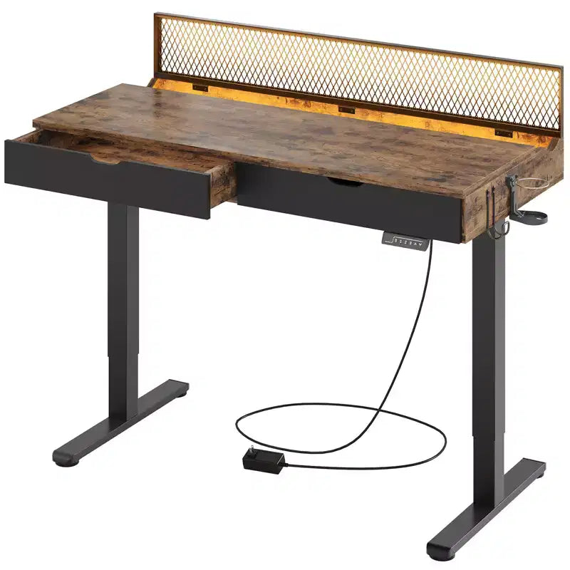 Bureau debout électrique de 47 pouces avec 2 tiroirs et lumière LED pour bureau à domicile, bureau d'ordinateur réglable en hauteur, table de jeu avec chargement USB
