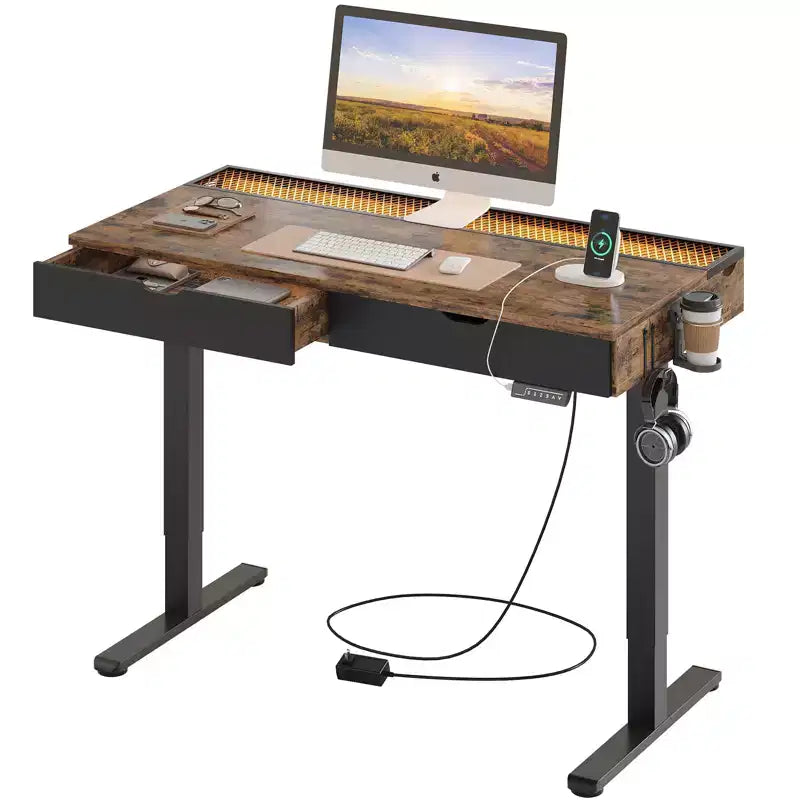 Bureau debout électrique de 47 pouces avec 2 tiroirs et lumière LED pour bureau à domicile, bureau d'ordinateur réglable en hauteur, table de jeu avec chargement USB
