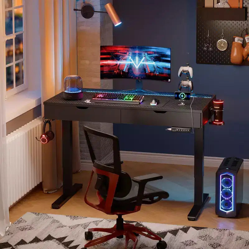 Bureau debout électrique de 47 pouces avec 2 tiroirs et lumière LED pour bureau à domicile, bureau d'ordinateur réglable en hauteur, table de jeu avec chargement USB