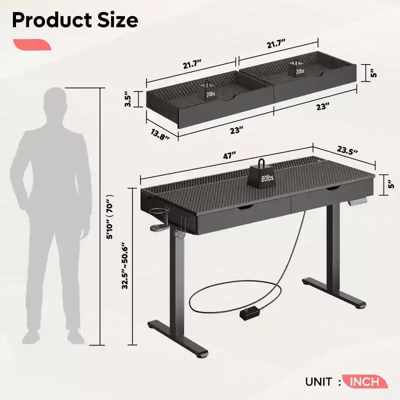 Bureau debout électrique de 47 pouces avec 2 tiroirs et lumière LED pour bureau à domicile, bureau d'ordinateur réglable en hauteur, table de jeu avec chargement USB