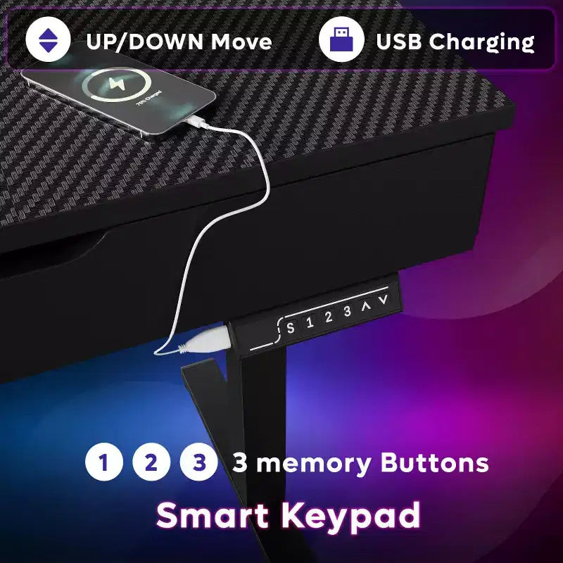 Bureau debout électrique de 47 pouces avec 2 tiroirs et lumière LED pour bureau à domicile, bureau d'ordinateur réglable en hauteur, table de jeu avec chargement USB