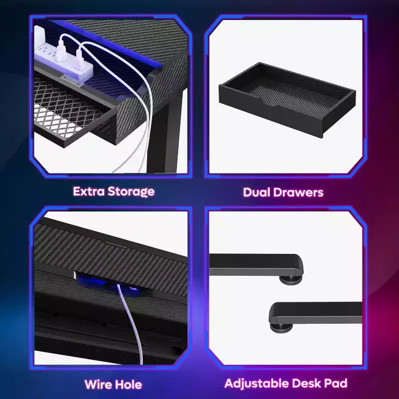 Bureau debout électrique de 47 pouces avec 2 tiroirs et lumière LED pour bureau à domicile, bureau d'ordinateur réglable en hauteur, table de jeu avec chargement USB