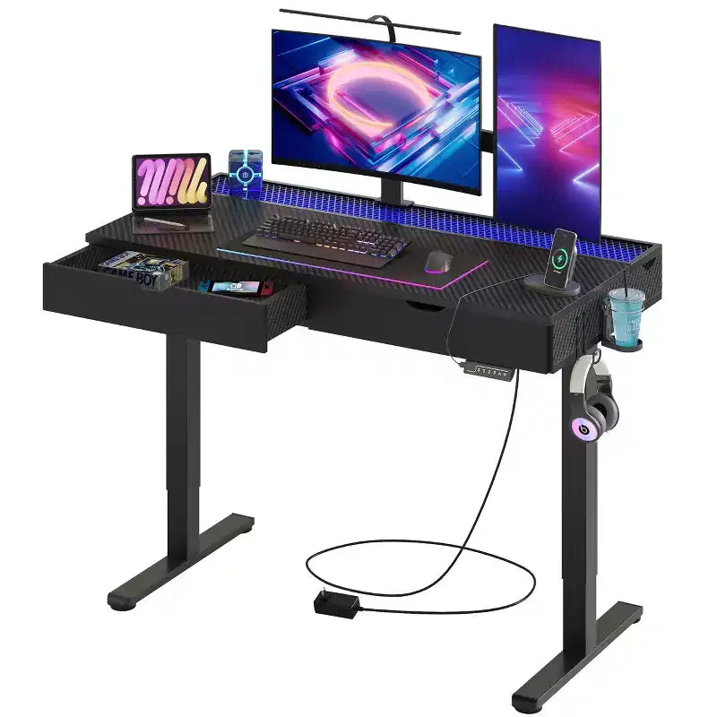 Bureau debout électrique de 47 pouces avec 2 tiroirs et lumière LED pour bureau à domicile, bureau d'ordinateur réglable en hauteur, table de jeu avec chargement USB