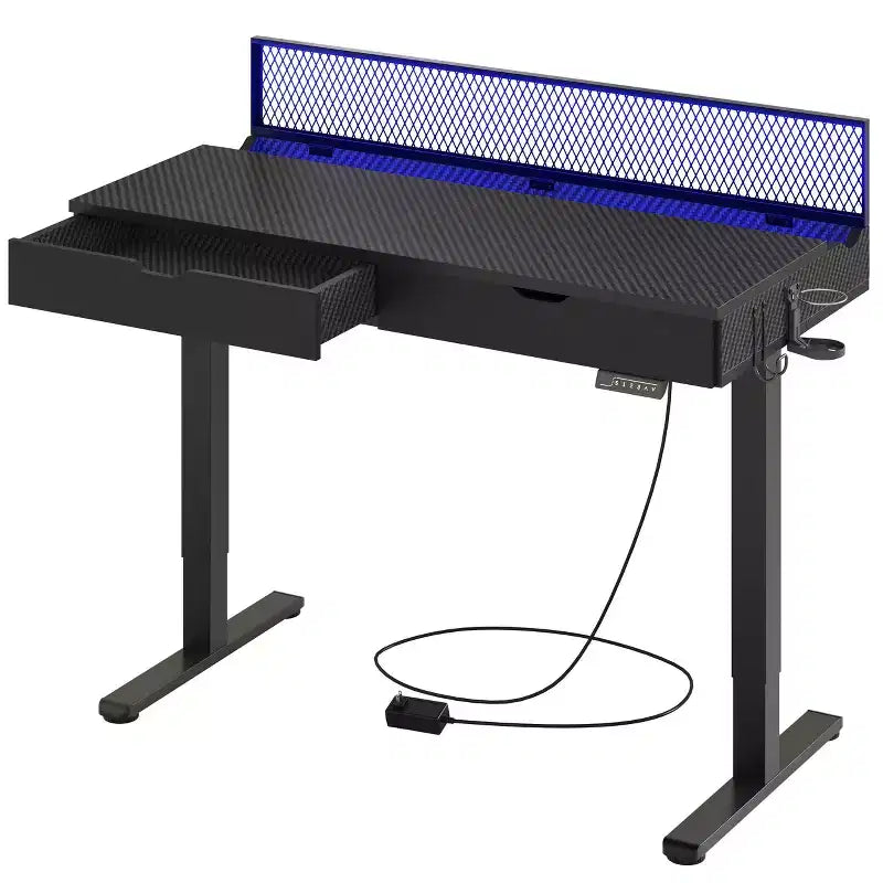 Bureau debout électrique de 47 pouces avec 2 tiroirs et lumière LED pour bureau à domicile, bureau d'ordinateur réglable en hauteur, table de jeu avec chargement USB