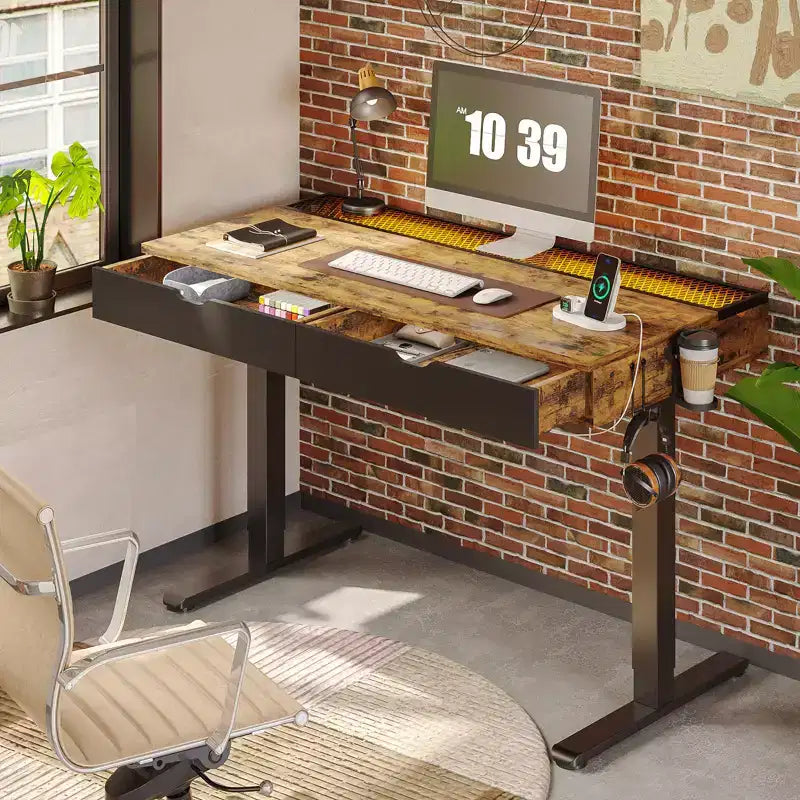 Bureau debout électrique de 47 pouces avec 2 tiroirs et lumière LED pour bureau à domicile, bureau d'ordinateur réglable en hauteur, table de jeu avec chargement USB