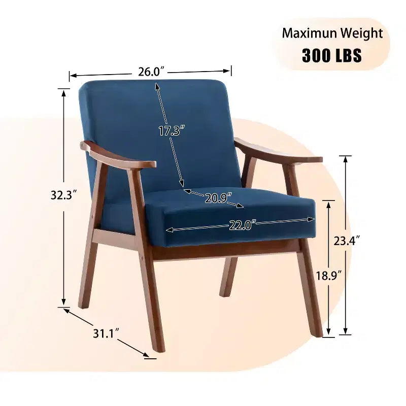Fauteuil d'appoint en velours Mid-Century Modern avec cadre en bois massif, fauteuil lounge à oreilles pour salon