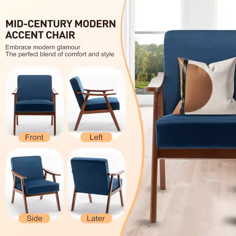 Fauteuil d'appoint en velours Mid-Century Modern avec cadre en bois massif, fauteuil lounge à oreilles pour salon