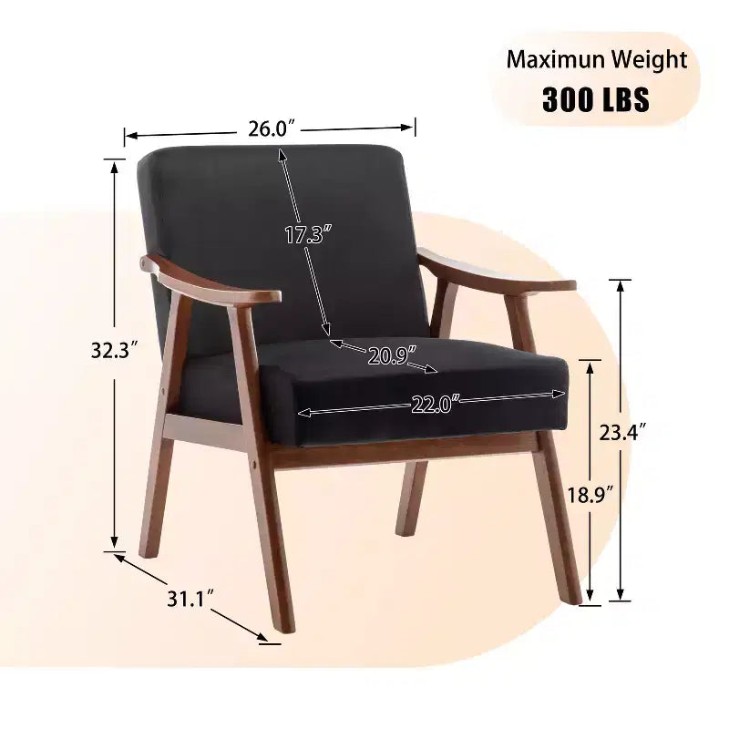 Fauteuil d'appoint en velours Mid-Century Modern avec cadre en bois massif, fauteuil lounge à oreilles pour salon