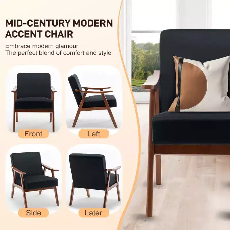 Fauteuil d'appoint en velours Mid-Century Modern avec cadre en bois massif, fauteuil lounge à oreilles pour salon