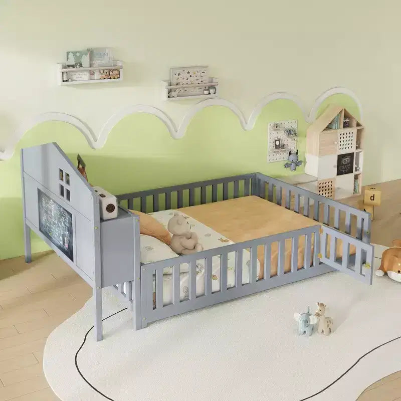 Lit de sol Montessori pleine grandeur avec bibliothèques, tableaux noirs et tête de lit de rangement, gris