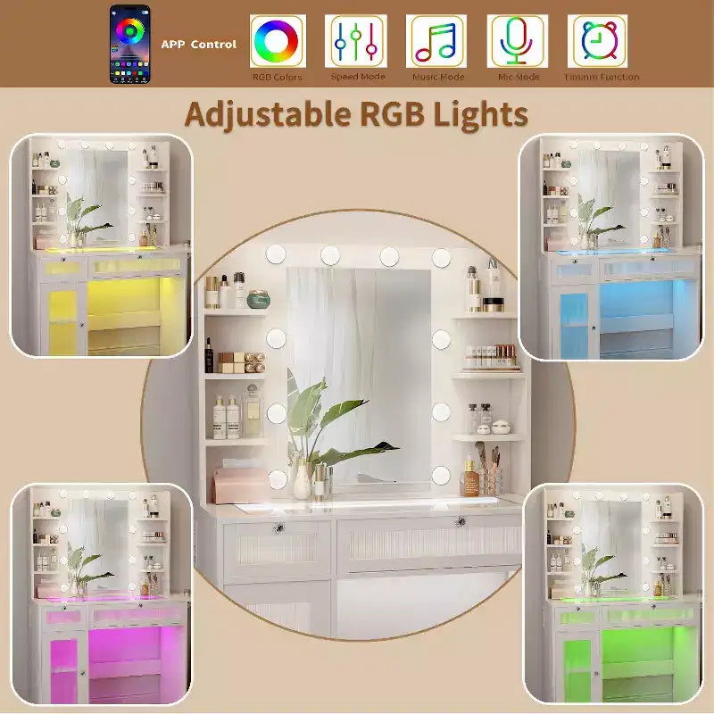 Coiffeuse Dyonery avec miroir, lumières LED et prise de courant, meuble de maquillage avec 2 tiroirs et 6 étagères de rangement pour chambre à coucher
