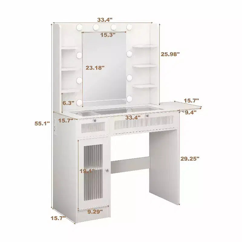 Coiffeuse Dyonery avec miroir, lumières LED et prise de courant, meuble de maquillage avec 2 tiroirs et 6 étagères de rangement pour chambre à coucher