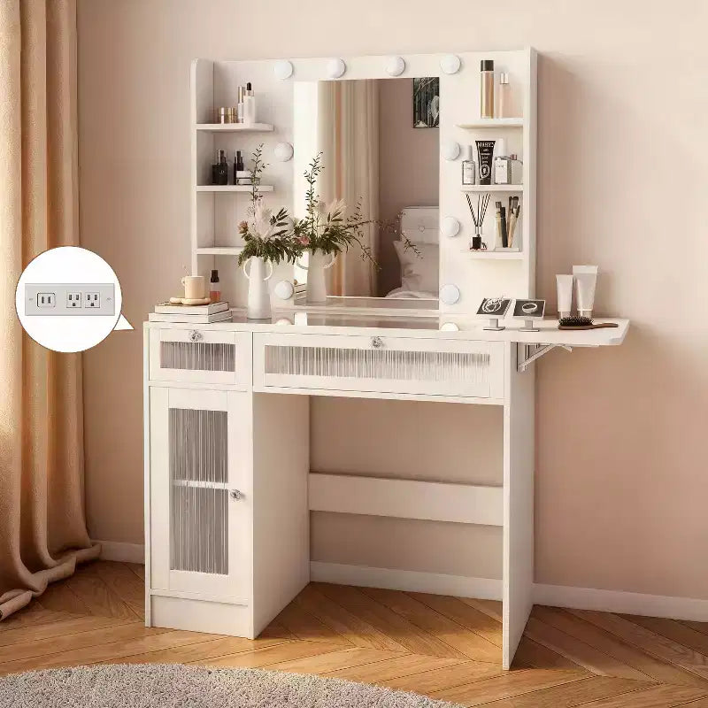 Coiffeuse Dyonery avec miroir, lumières LED et prise de courant, meuble de maquillage avec 2 tiroirs et 6 étagères de rangement pour chambre à coucher