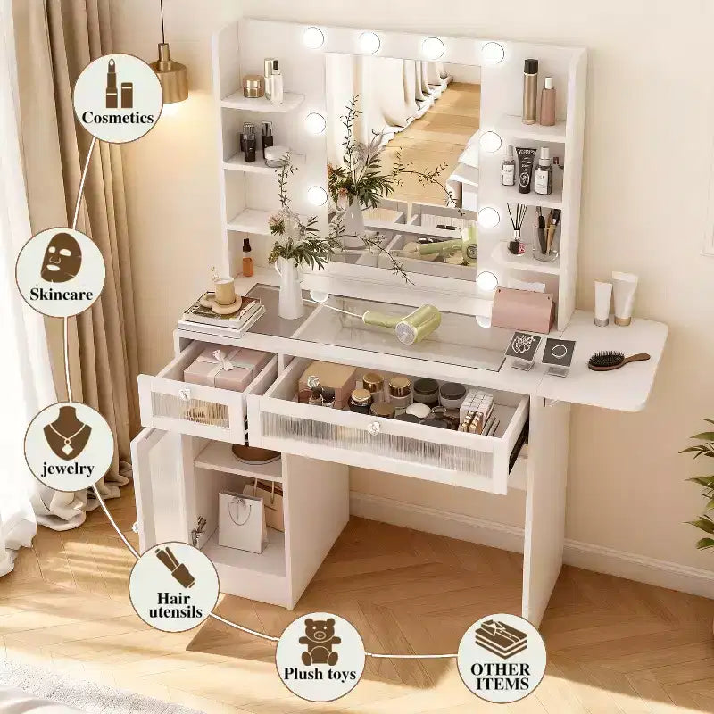 Coiffeuse Dyonery avec miroir, lumières LED et prise de courant, meuble de maquillage avec 2 tiroirs et 6 étagères de rangement pour chambre à coucher