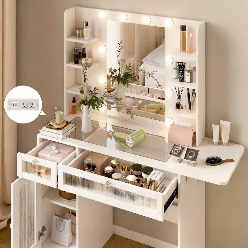 Coiffeuse Dyonery avec miroir, lumières LED et prise de courant, meuble de maquillage avec 2 tiroirs et 6 étagères de rangement pour chambre à coucher