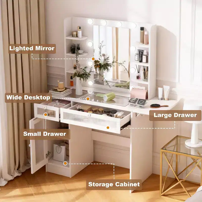 Coiffeuse Dyonery avec miroir, lumières LED et prise de courant, meuble de maquillage avec 2 tiroirs et 6 étagères de rangement pour chambre à coucher