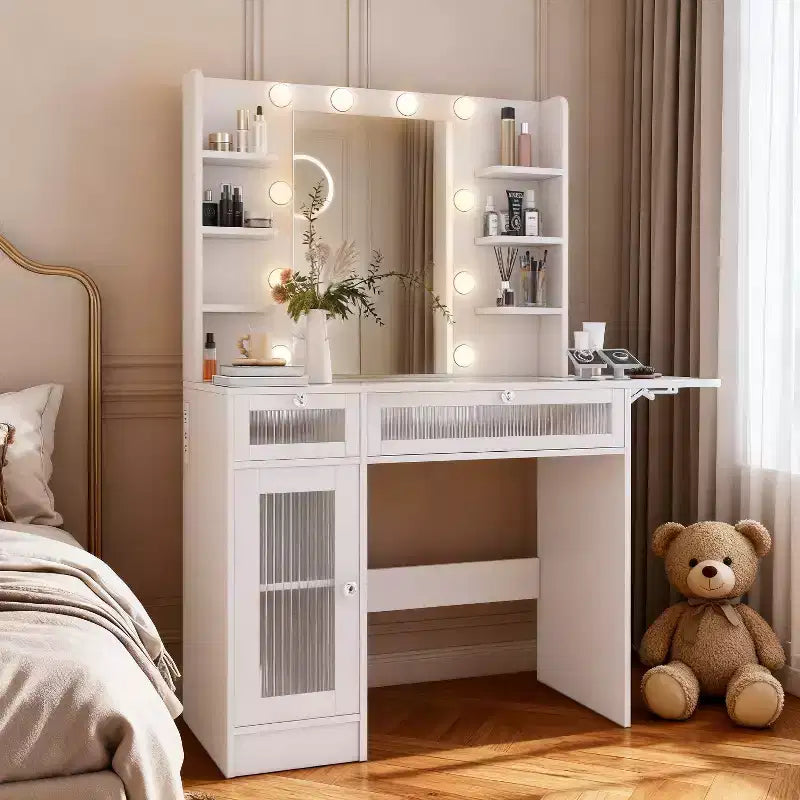 Coiffeuse Dyonery avec miroir, lumières LED et prise de courant, meuble de maquillage avec 2 tiroirs et 6 étagères de rangement pour chambre à coucher