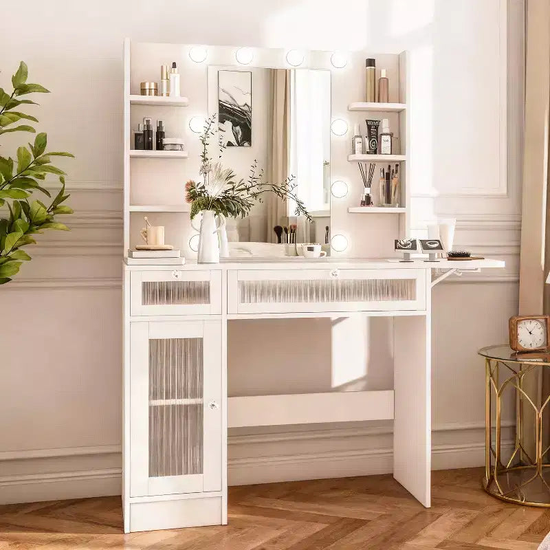 Coiffeuse Dyonery avec miroir, lumières LED et prise de courant, meuble de maquillage avec 2 tiroirs et 6 étagères de rangement pour chambre à coucher
