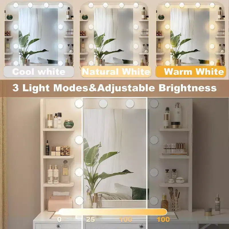 Coiffeuse Dyonery avec miroir, lumières LED et prise de courant, meuble de maquillage avec 2 tiroirs et 6 étagères de rangement pour chambre à coucher