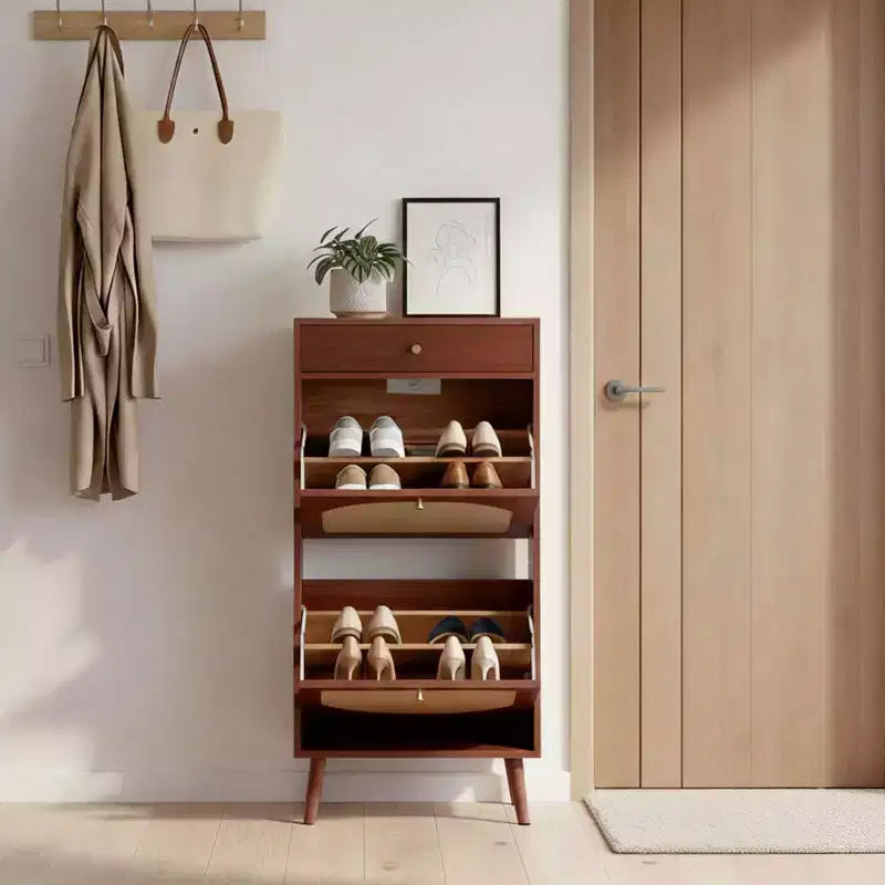 Meuble à chaussures 1 tiroir, 2 tiroirs basculants en panneaux de particules avec panneau en rotin - 54 cm l
