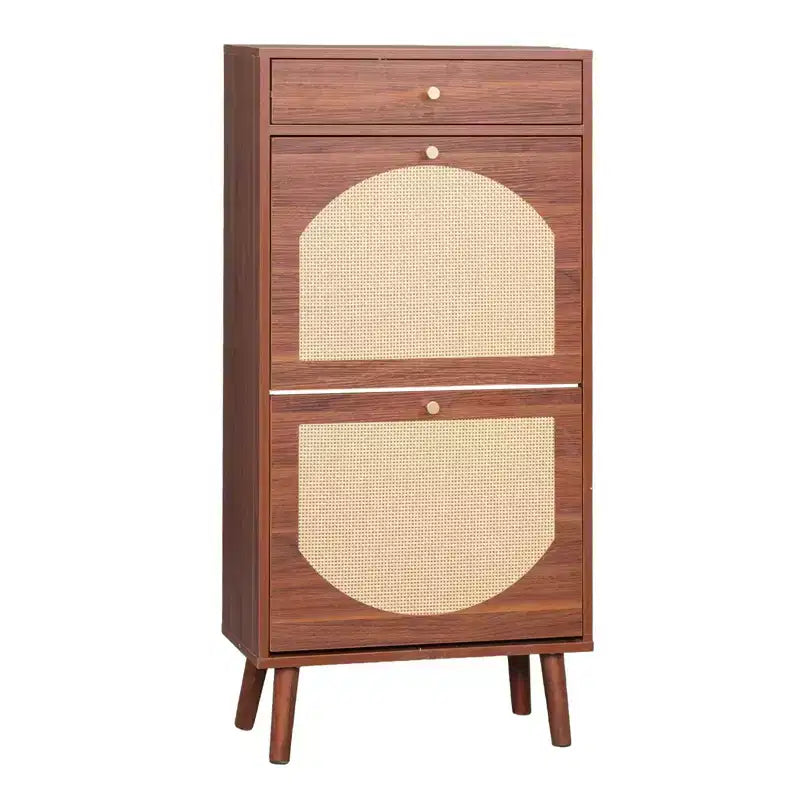 Meuble à chaussures 1 tiroir, 2 tiroirs basculants en panneaux de particules avec panneau en rotin - 54 cm l