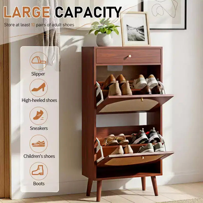 Meuble à chaussures 1 tiroir, 2 tiroirs basculants en panneaux de particules avec panneau en rotin - 54 cm l