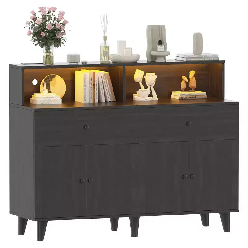 Meuble de rangement de 130 cm avec étagères réglables, buffet de bar à café en bois avec tiroirs, armoire de garde-manger autoportante pour cuisine ou salle à manger