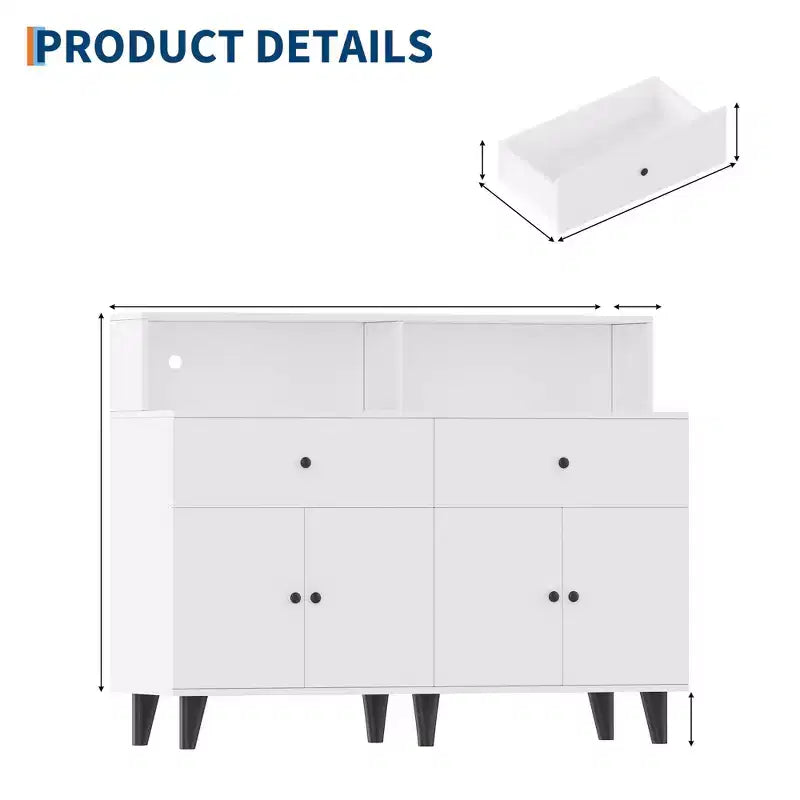 Meuble de rangement de 130 cm avec étagères réglables, buffet de bar à café en bois avec tiroirs, armoire de garde-manger autoportante pour cuisine ou salle à manger